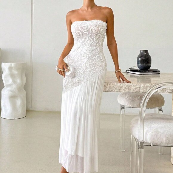 White Casual Women's 3D Floral Embroidered Sleeveless Party Dress